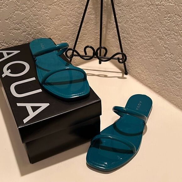 Aqua Women's Size 8 Jelly Flat Slide Sandals Teal Blue Double Strap Square Toe - Picture 1 of 9